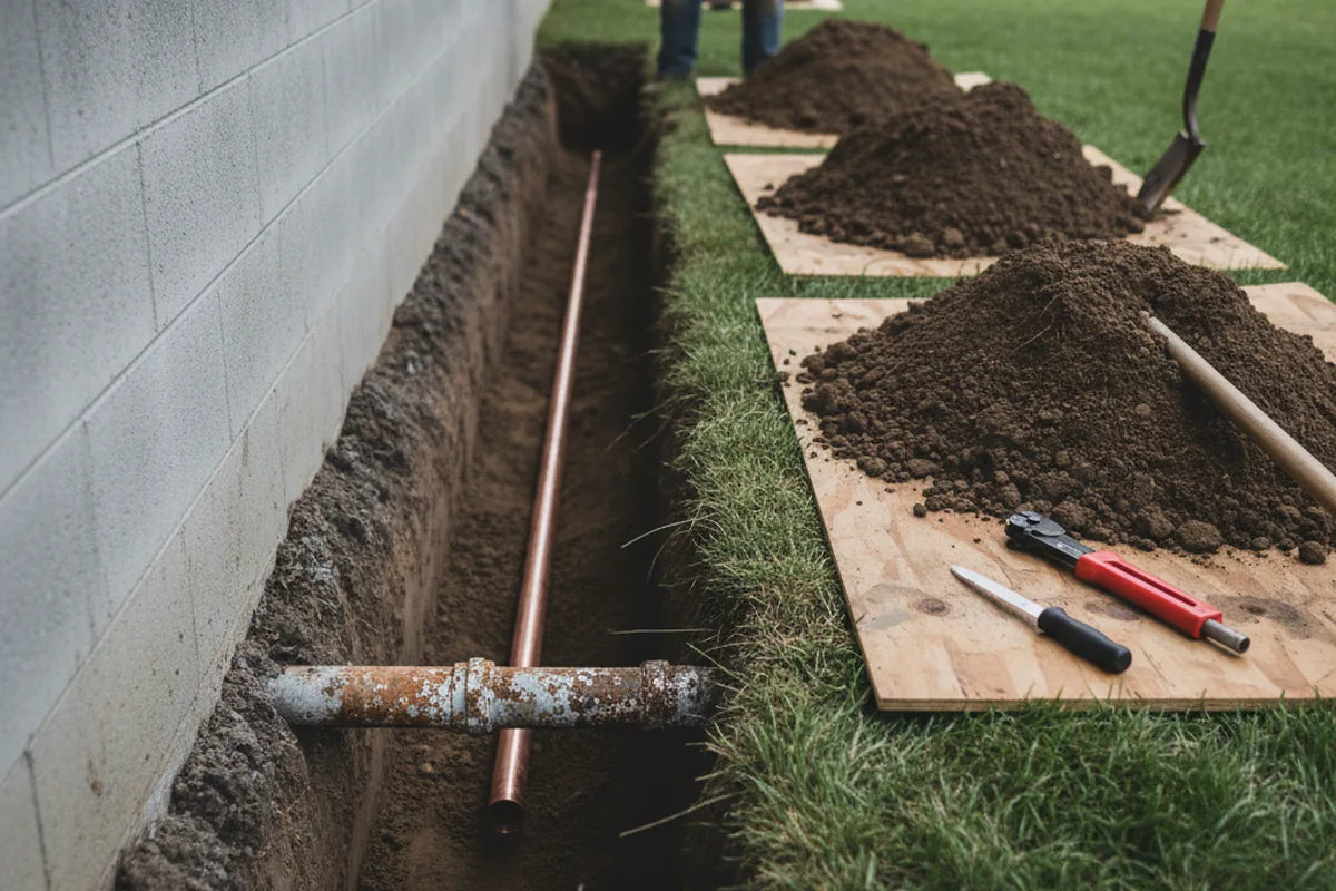 Excavated water line trench during Water Heater Repair in Union Grove